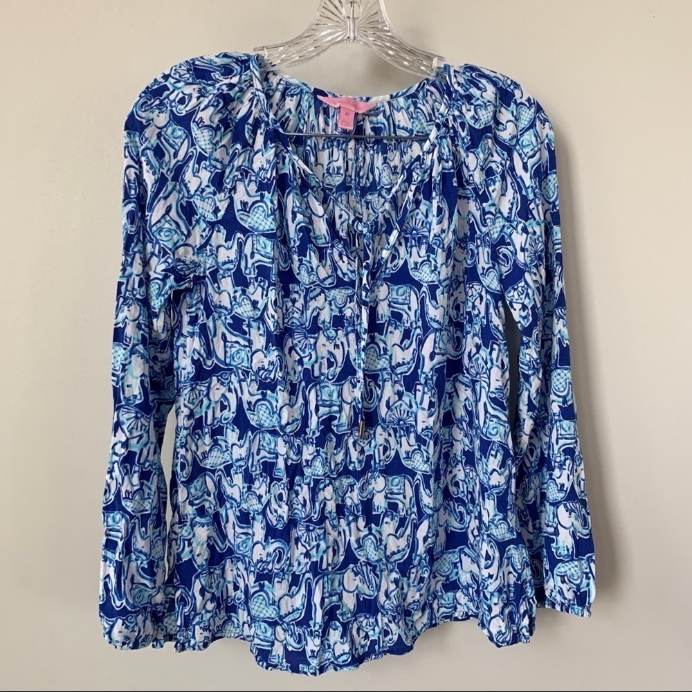 Lilly Pulitzer Getting Trunky‎ Elephant Print 100% Rayon Top Size XS